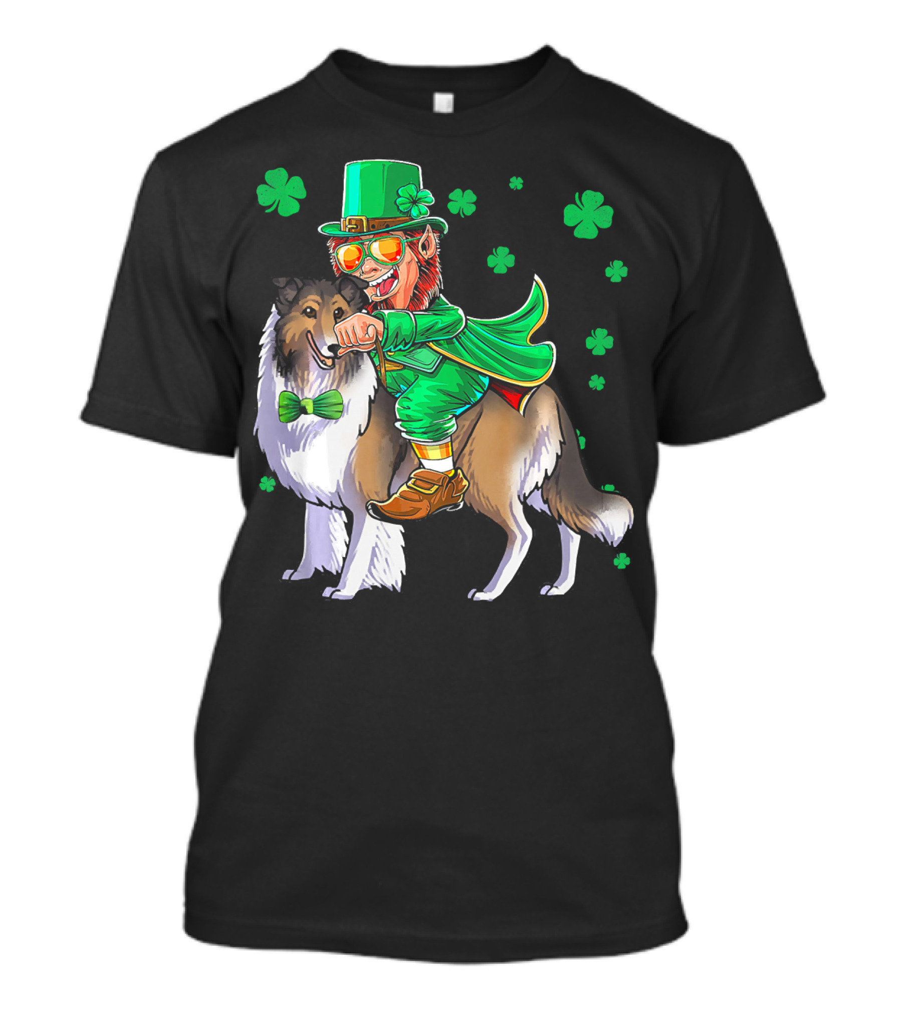 Leprechaun Riding Collie With Shamrocks For St. Patrick's Day T-Shirt