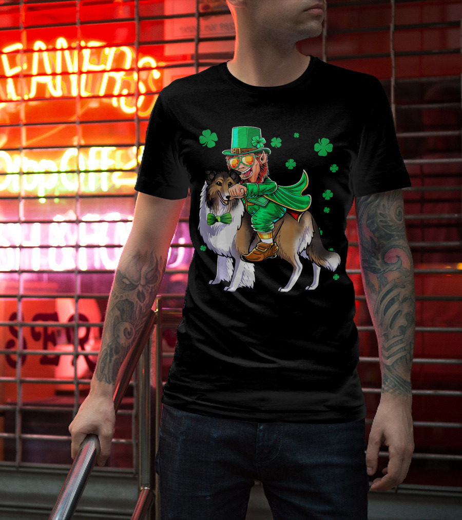 Leprechaun Riding Collie With Shamrocks For St. Patrick's Day T-Shirt