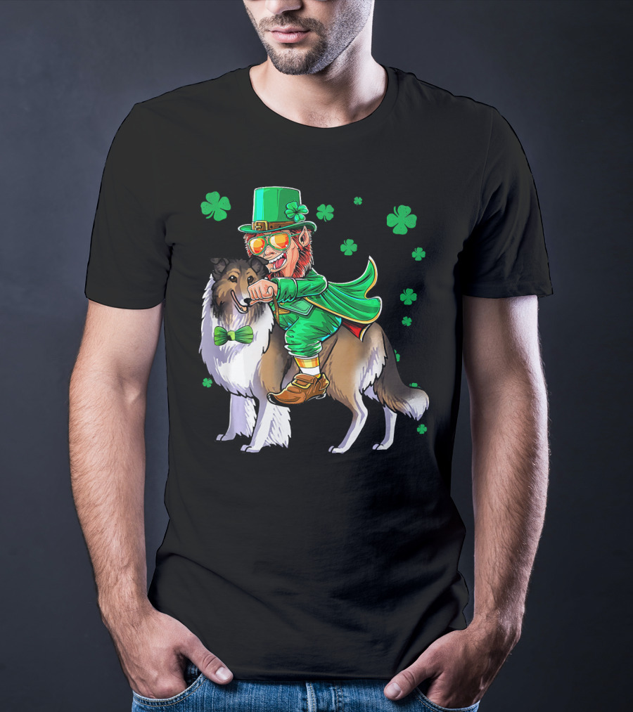 Leprechaun Riding Collie With Shamrocks For St. Patrick's Day T-Shirt