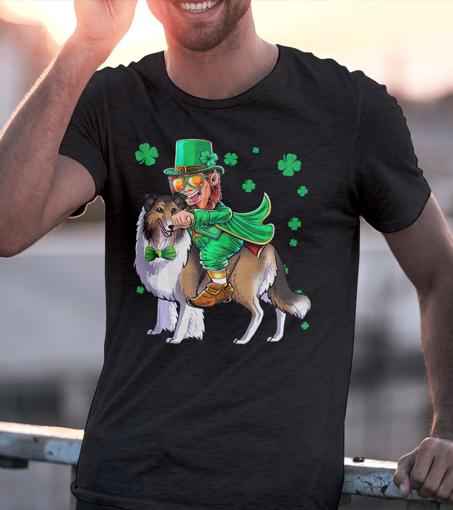 Leprechaun Riding Collie With Shamrocks For St. Patrick's Day T-Shirt