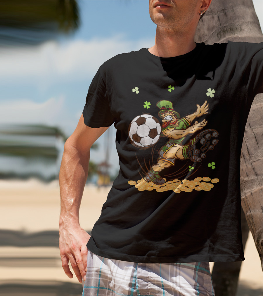Leprechaun Playing Soccer Surrounded By Shamrocks And Gold Coins T-Shirt