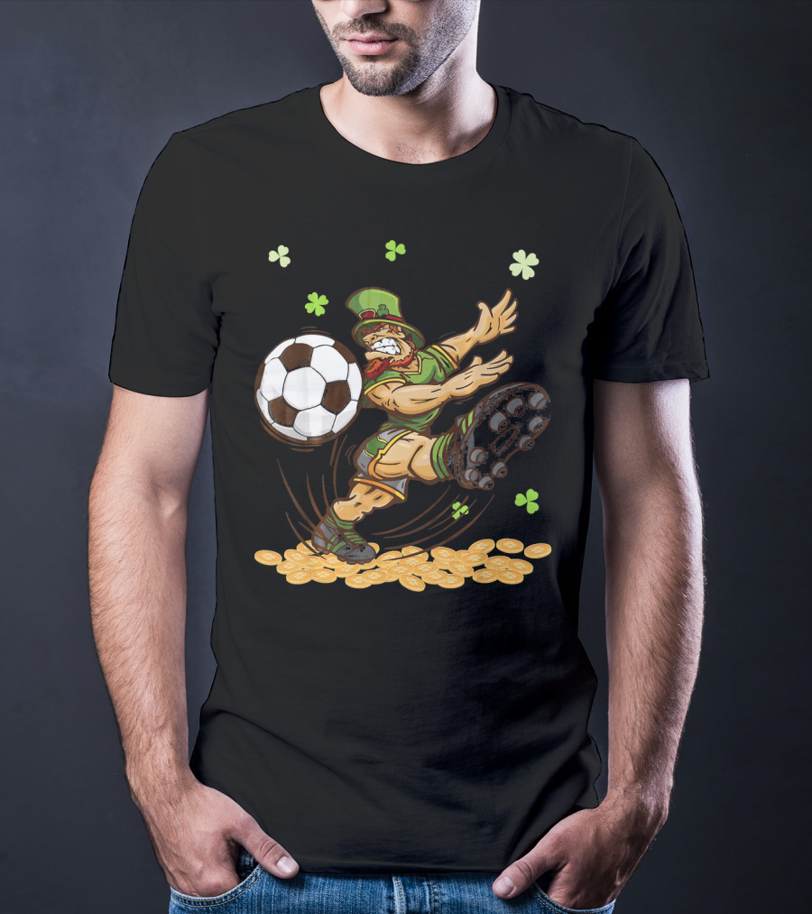 Leprechaun Playing Soccer Surrounded By Shamrocks And Gold Coins T-Shirt