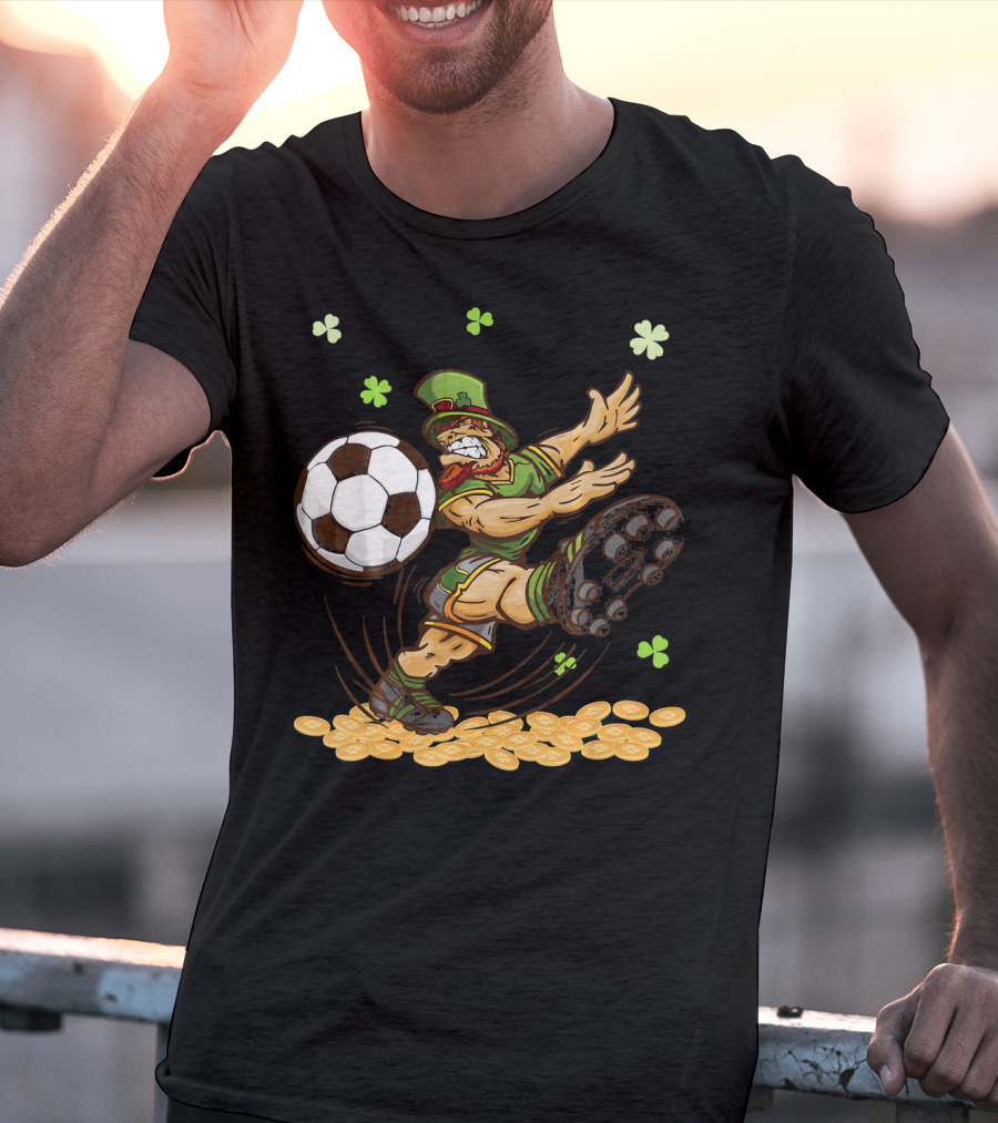 Leprechaun Playing Soccer Surrounded By Shamrocks And Gold Coins T-Shirt