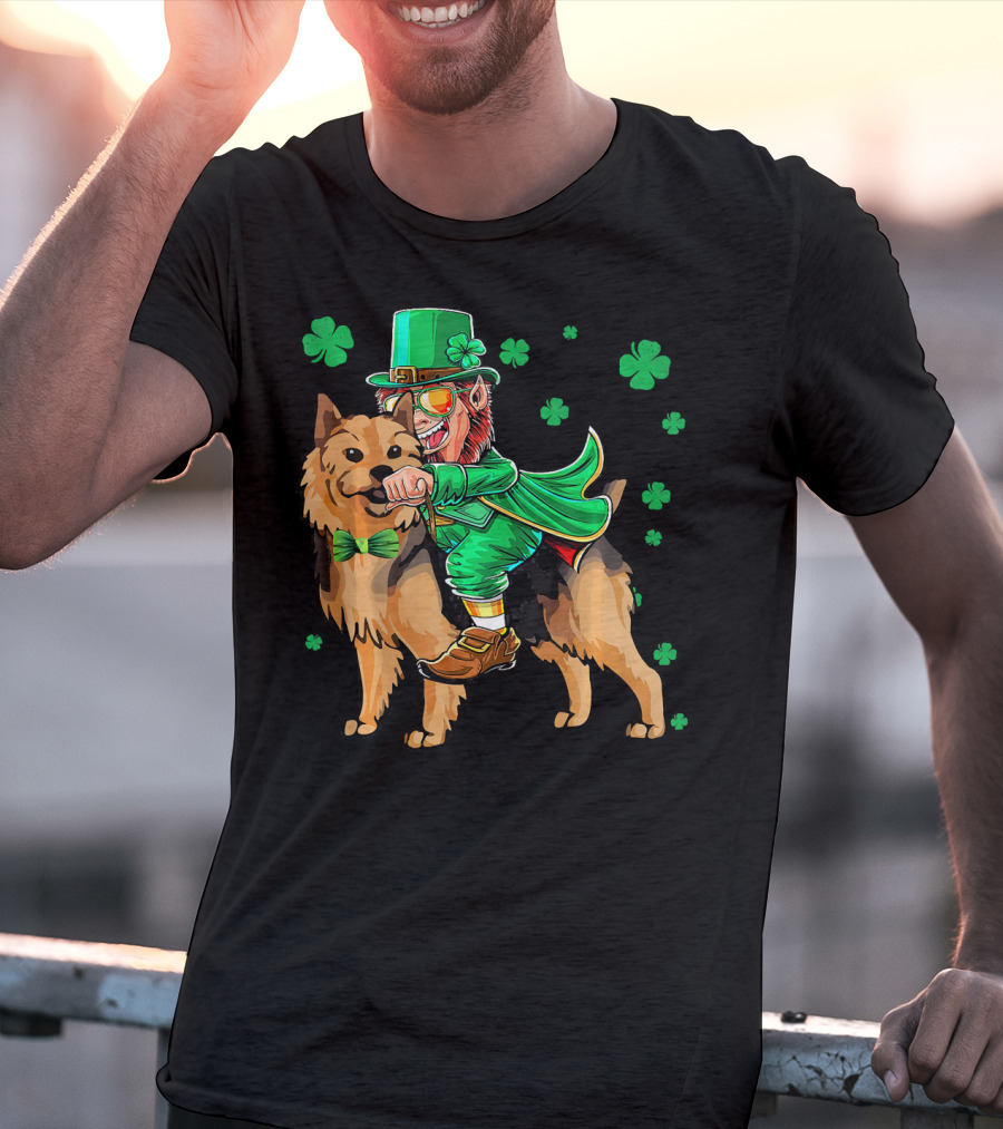 Leprechaun Riding Australian Terrier With Shamrocks T-Shirt