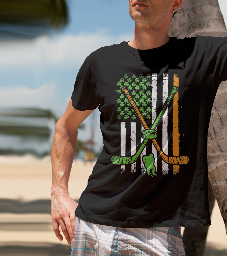 Irish American Flag Shamrock Hockey Sticks Player T-Shirt