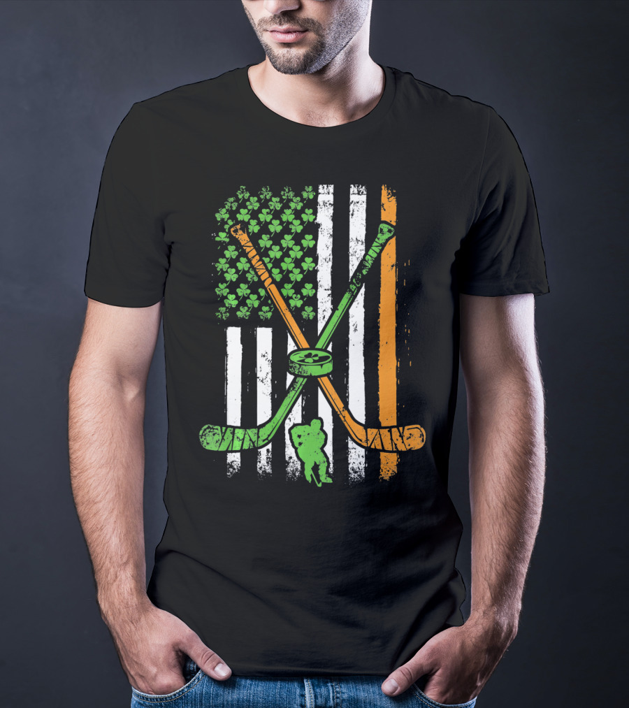 Irish American Flag Shamrock Hockey Sticks Player T-Shirt