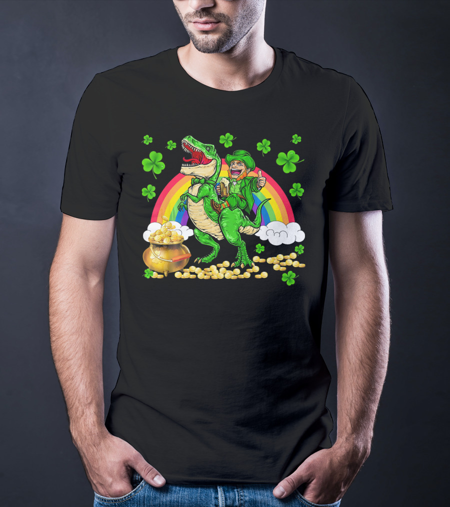 Leprechaun Riding Dinosaur With Rainbow And Pot Of Gold T-Shirt
