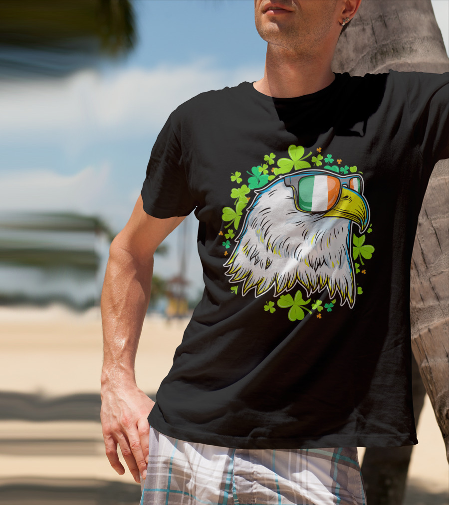 Mens Funny St Patricks Day Eagle Clover Sunglasses T-Shirt