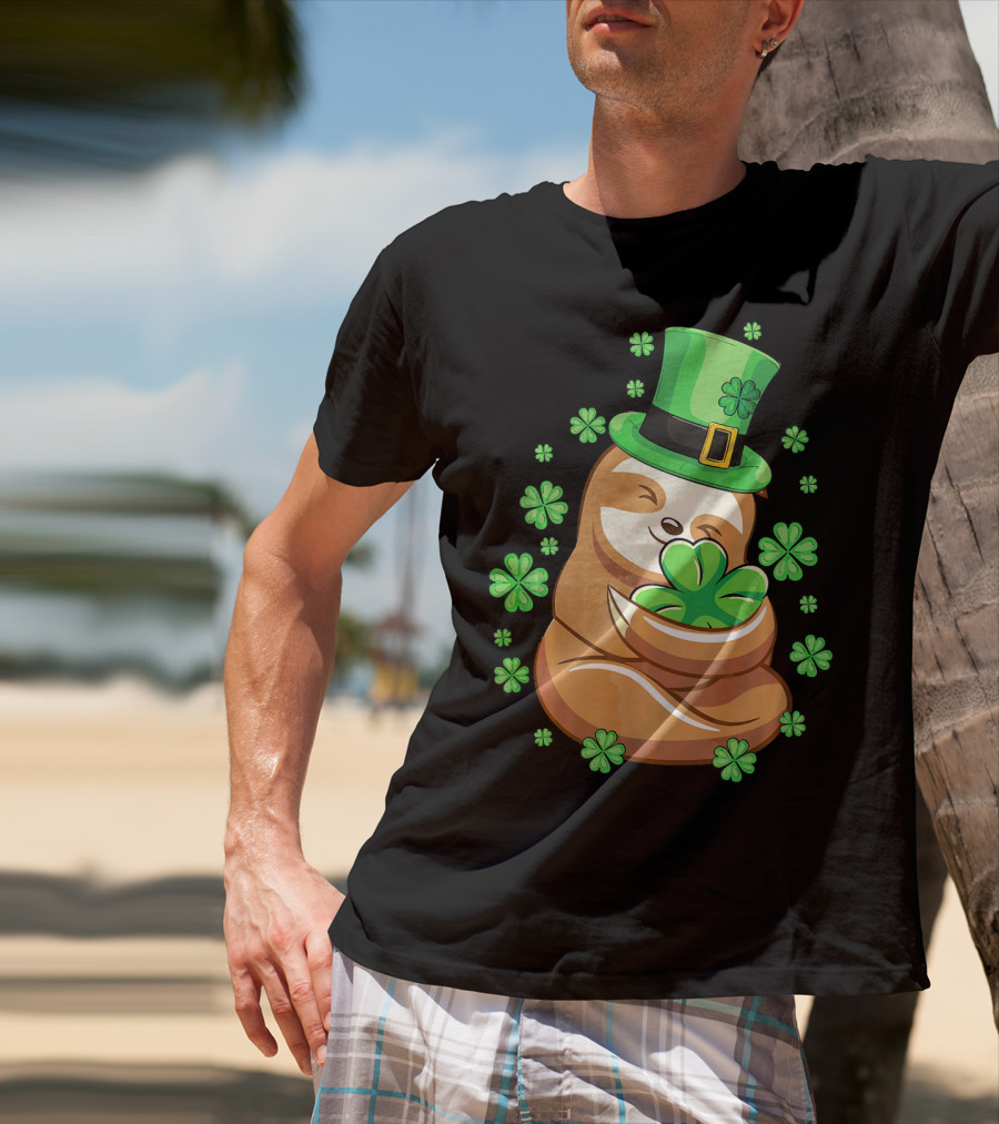 Lucky Sloth St Patricks Day Leprechaun With Shamrocks And Green Hat T-Shirt