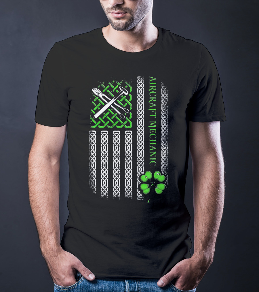Aircraft Mechanic Clover Flag Celtic Knot T-Shirt