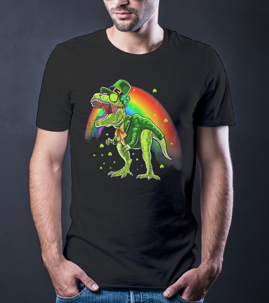 St. Patricks Day T-Rex Dinosaur Leprechaun With Rainbow And Shamrocks T-Shirt