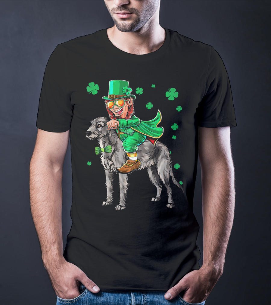 Leprechaun Riding Irish Wolfhound With Shamrock Symbols T-Shirt