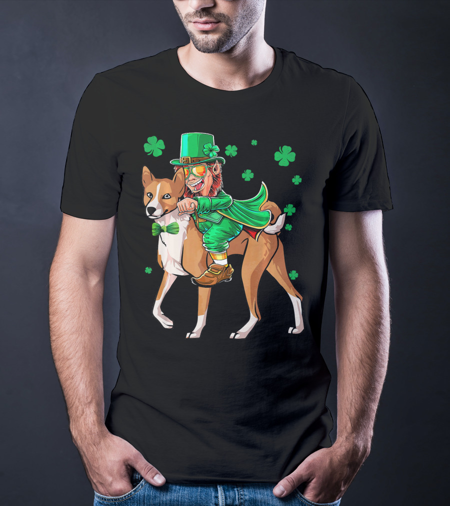 Leprechaun Riding Basenji With Shamrocks St Patricks T-Shirt