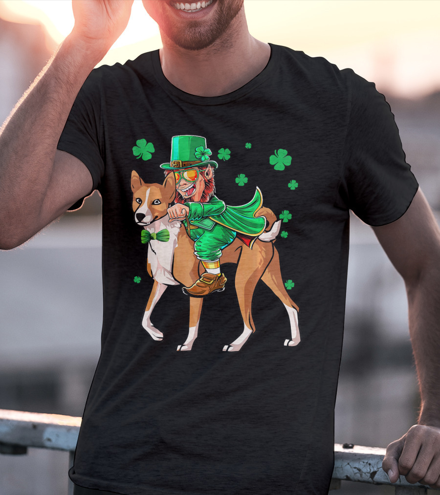 Leprechaun Riding Basenji With Shamrocks St Patricks T-Shirt