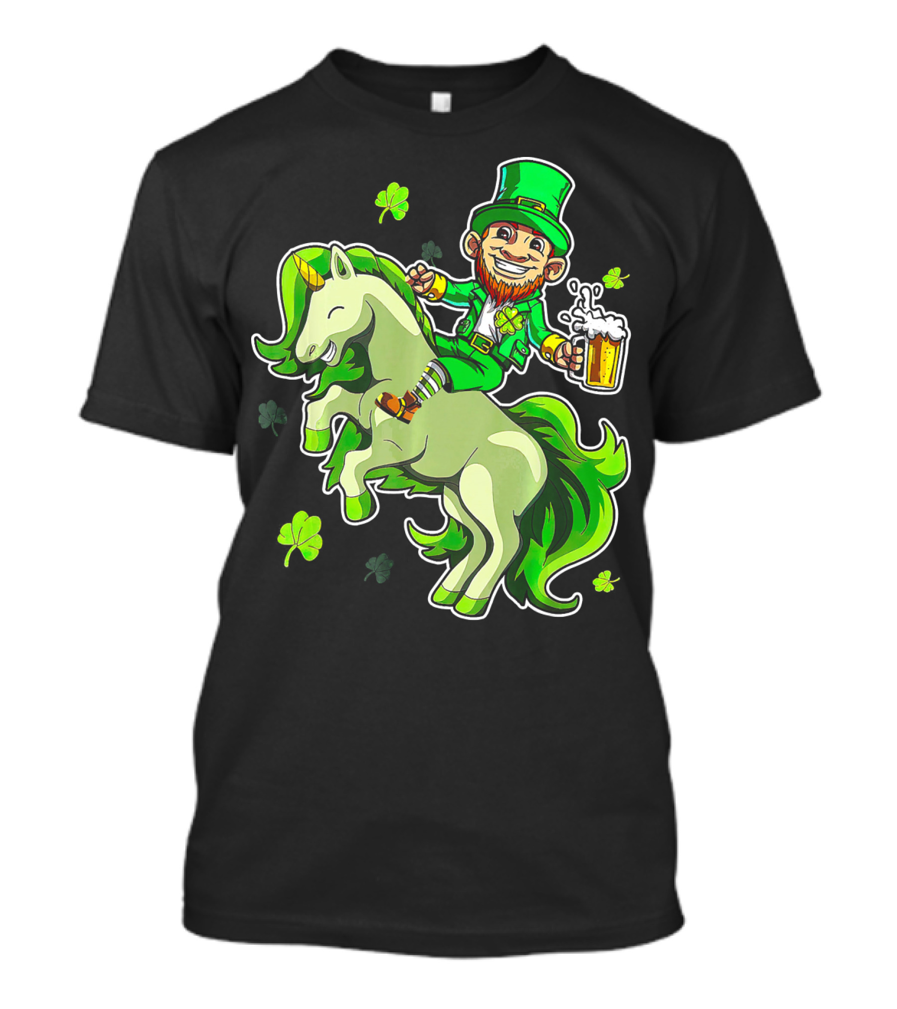 Leprechaun Riding A Green Unicorn Holding Beer With Shamrocks T-Shirt