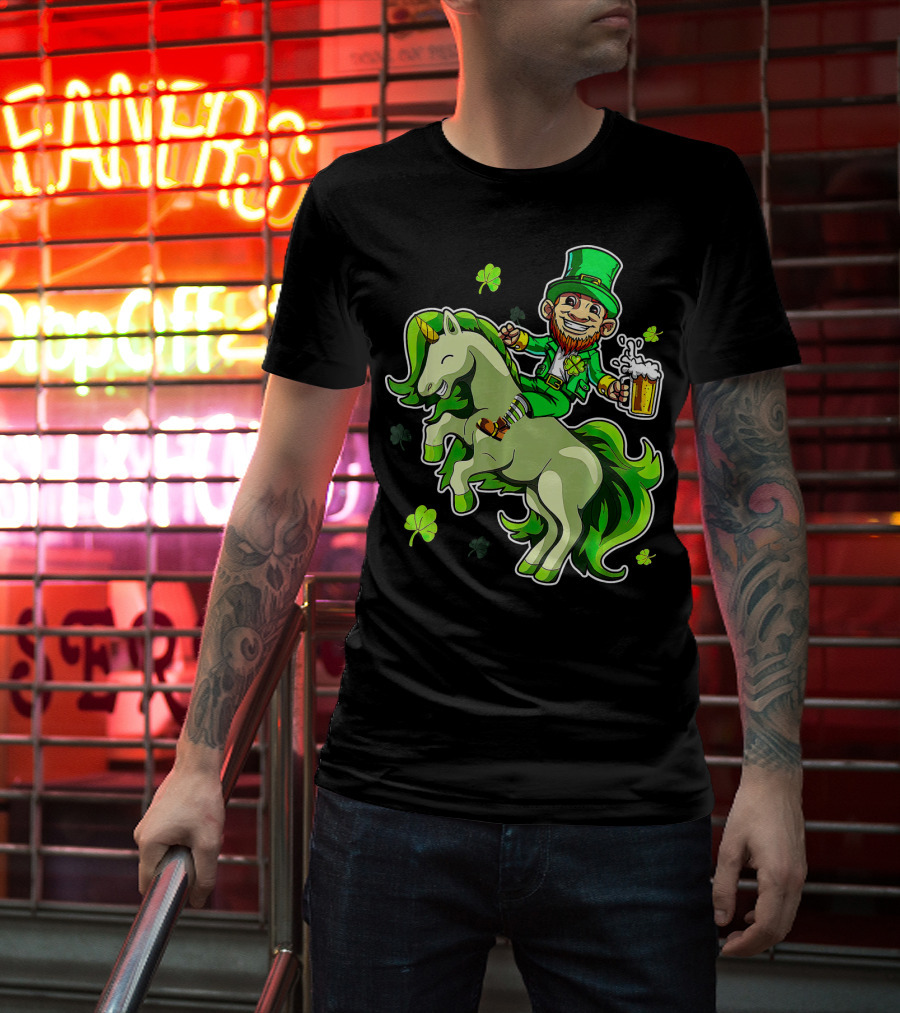 Leprechaun Riding A Green Unicorn Holding Beer With Shamrocks T-Shirt
