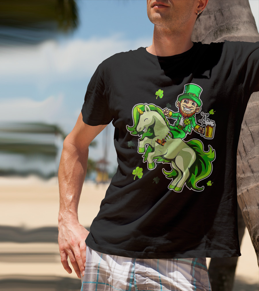 Leprechaun Riding A Green Unicorn Holding Beer With Shamrocks T-Shirt