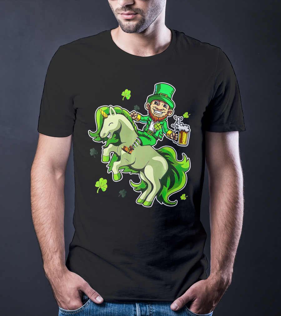 Leprechaun Riding A Green Unicorn Holding Beer With Shamrocks T-Shirt