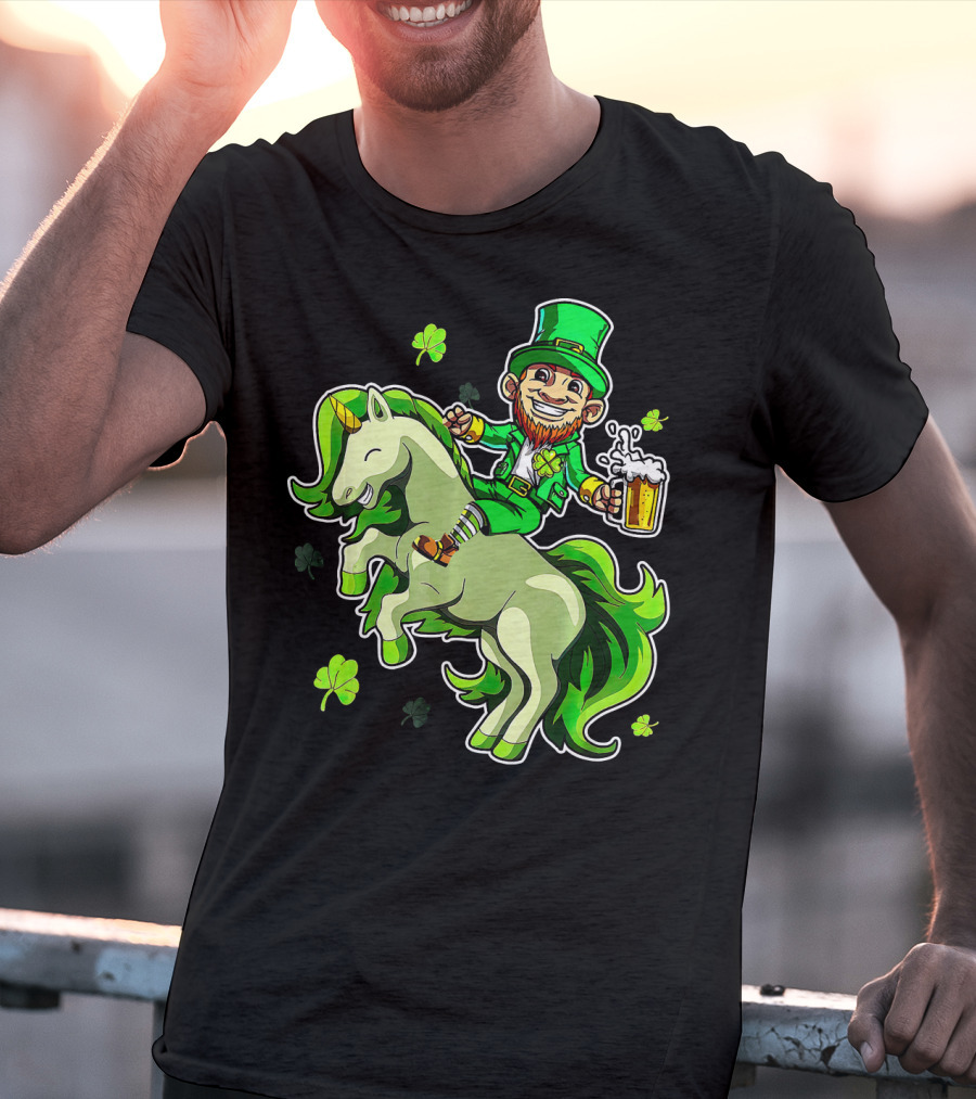 Leprechaun Riding A Green Unicorn Holding Beer With Shamrocks T-Shirt