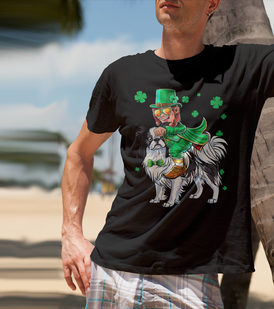 Leprechaun Riding Japanese Chin With Shamrock Clovers T-Shirt