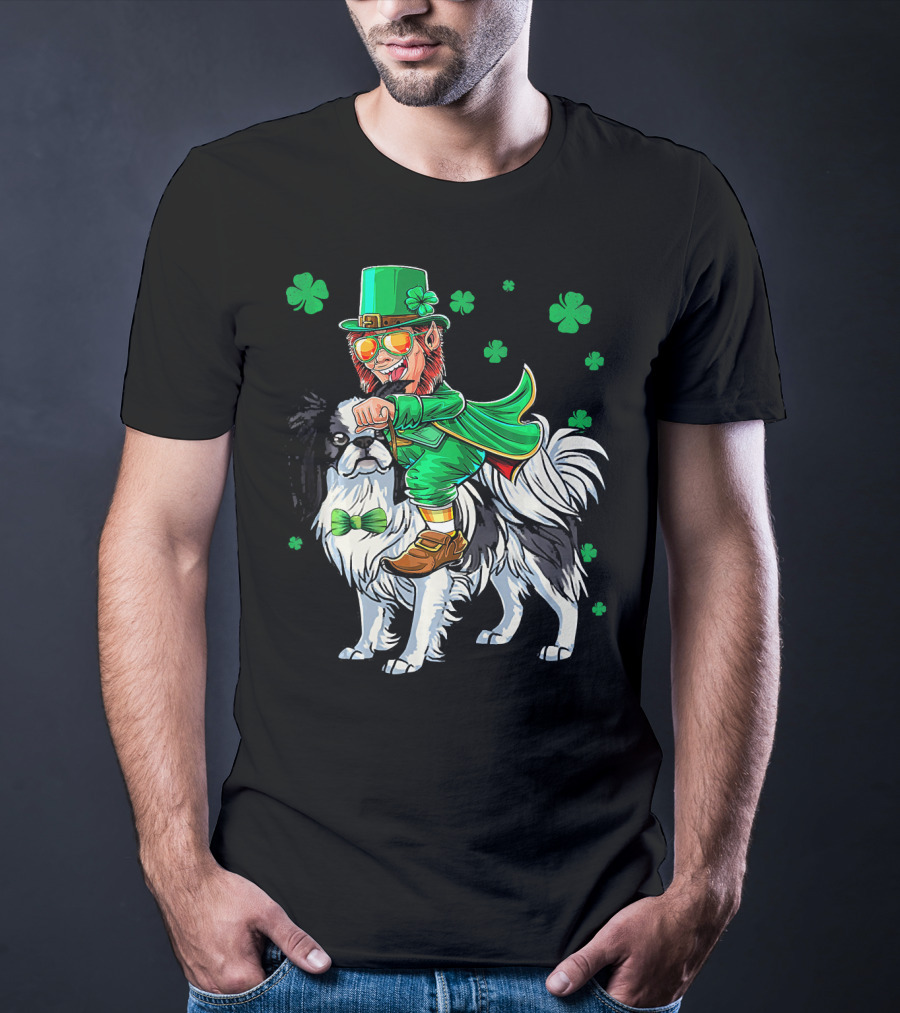 Leprechaun Riding Japanese Chin With Shamrock Clovers T-Shirt