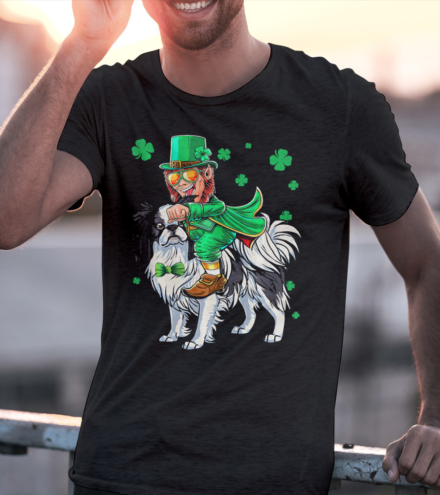 Leprechaun Riding Japanese Chin With Shamrock Clovers T-Shirt
