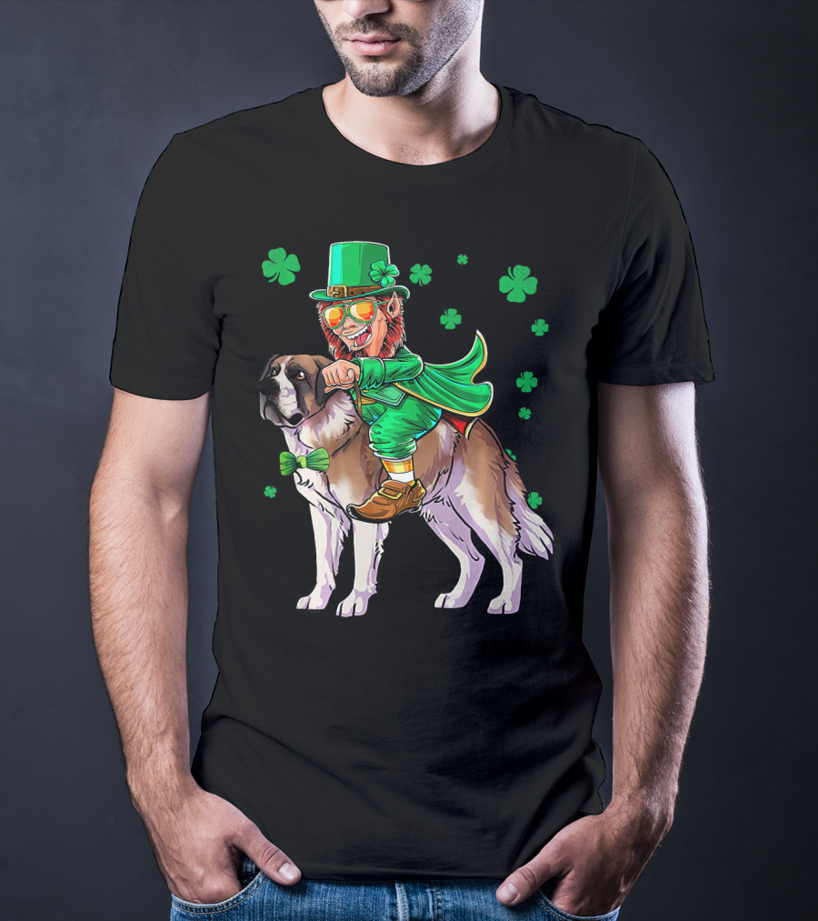 Leprechaun Riding Saint Bernard With Shamrocks T-Shirt