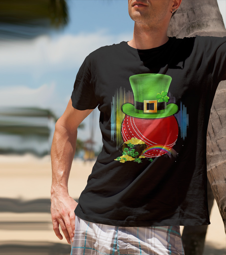 Cricket Ball Leprechaun Hat Rainbow Coin Saint Patricks T-Shirt