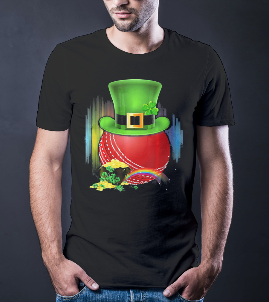 Cricket Ball Leprechaun Hat Rainbow Coin Saint Patricks T-Shirt