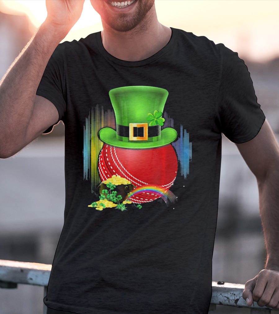 Cricket Ball Leprechaun Hat Rainbow Coin Saint Patricks T-Shirt