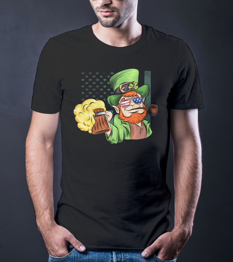 Funny Drunk Patriotic Leprechaun Beer Mug With Shamrock Hat And American Flag Sunglasses T-Shirt