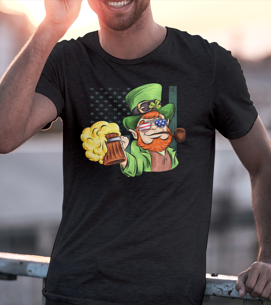 Funny Drunk Patriotic Leprechaun Beer Mug With Shamrock Hat And American Flag Sunglasses T-Shirt