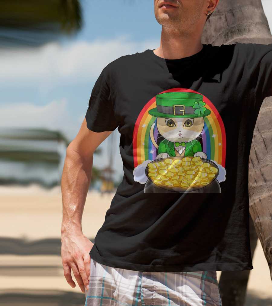 Exotic Cat Leprechaun Pot Of Gold Rainbow Happy St Patricks T-Shirt