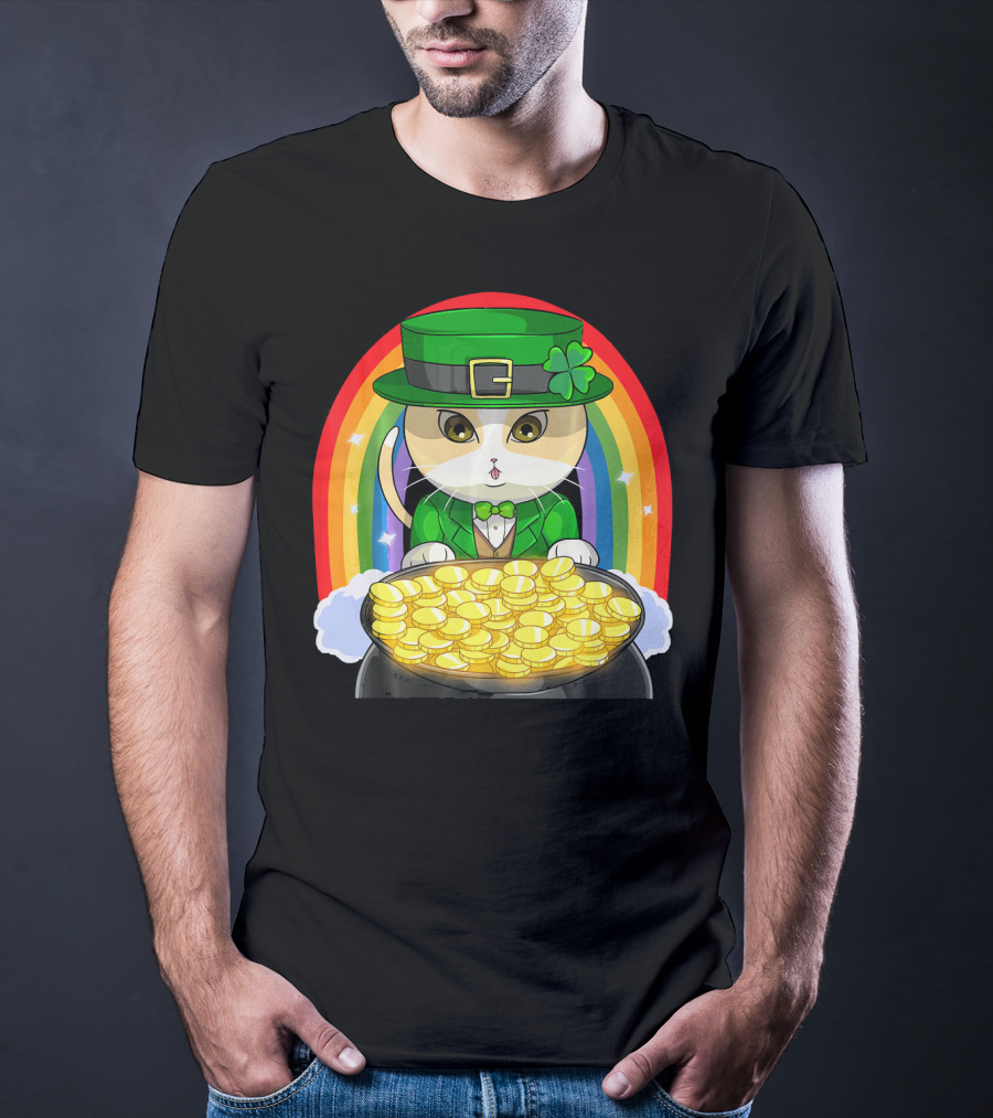 Exotic Cat Leprechaun Pot Of Gold Rainbow Happy St Patricks T-Shirt