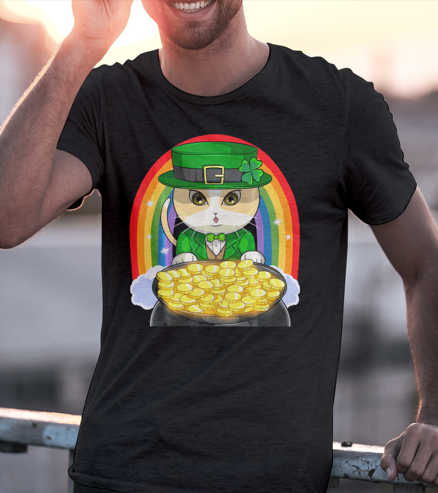 Exotic Cat Leprechaun Pot Of Gold Rainbow Happy St Patricks T-Shirt