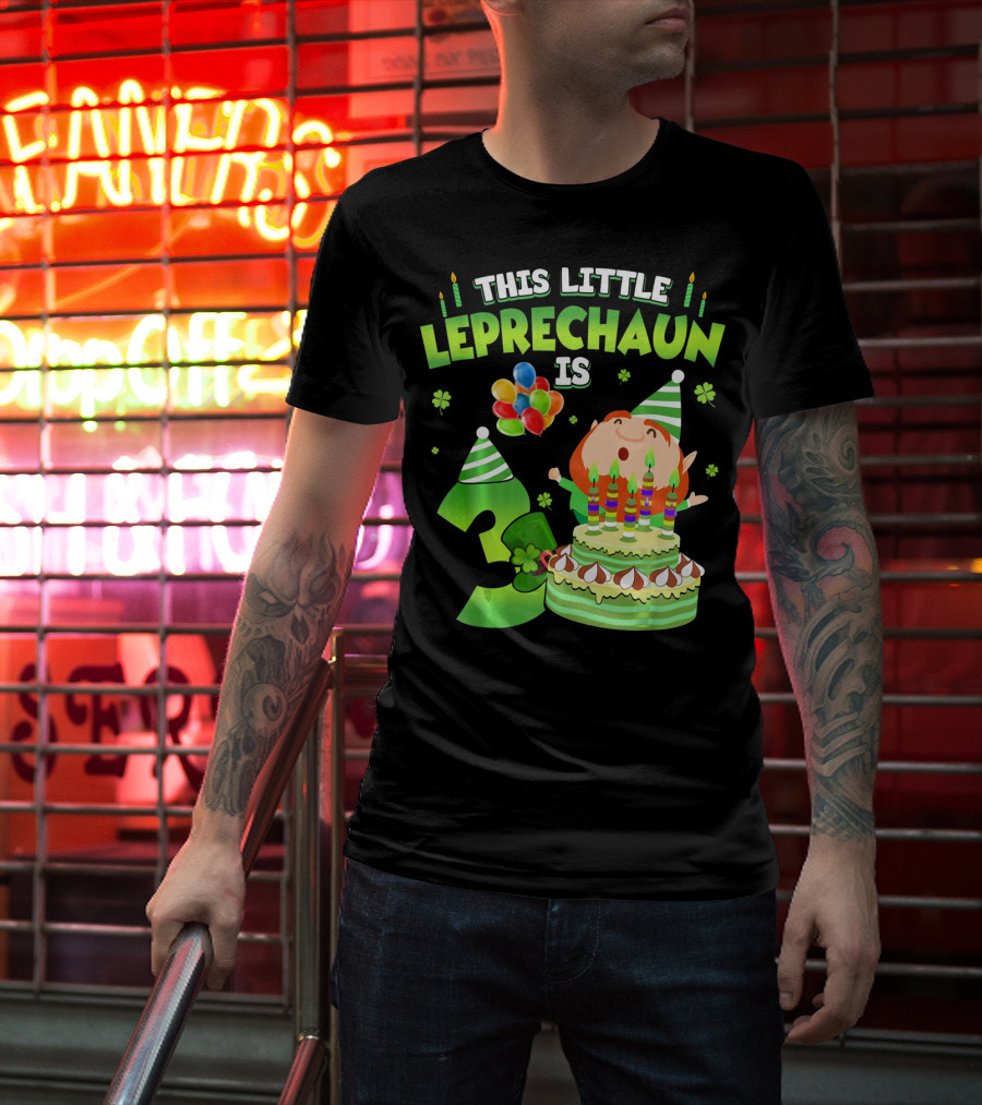 This Little Leprechaun Is 3 Birthday Celebration With Cake And Balloons T-Shirt