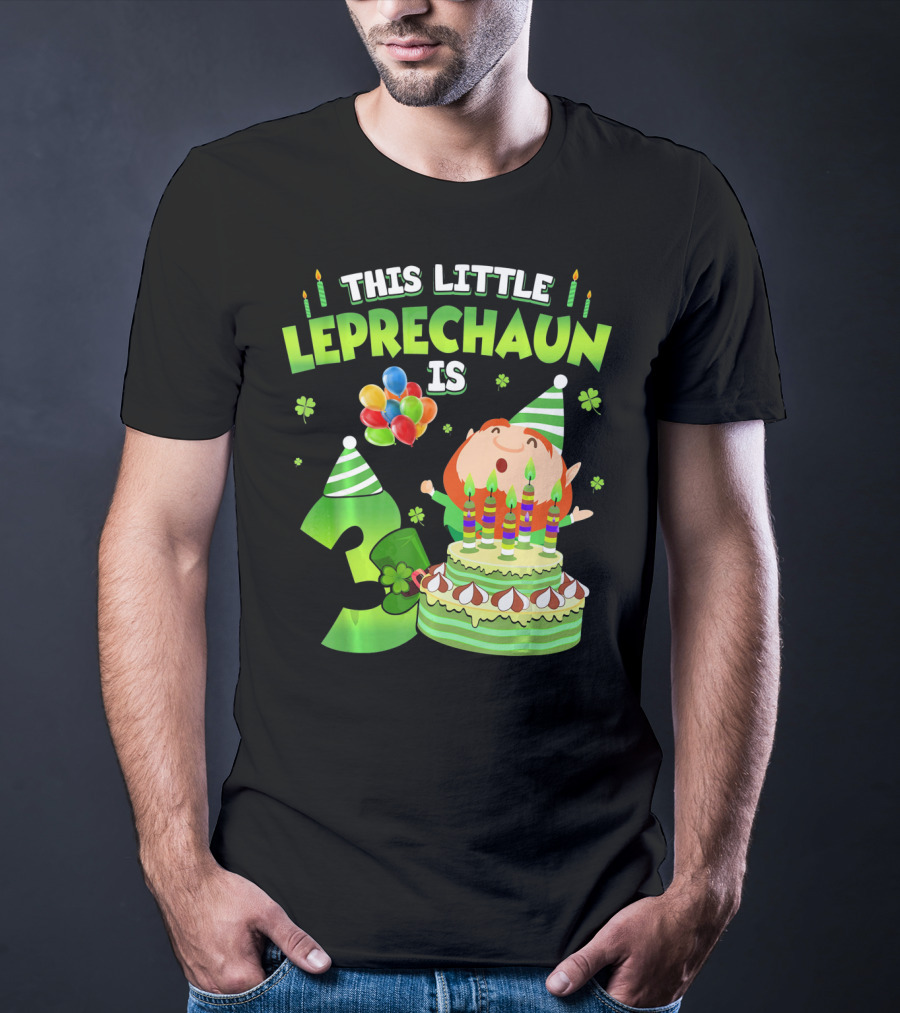 This Little Leprechaun Is 3 Birthday Celebration With Cake And Balloons T-Shirt