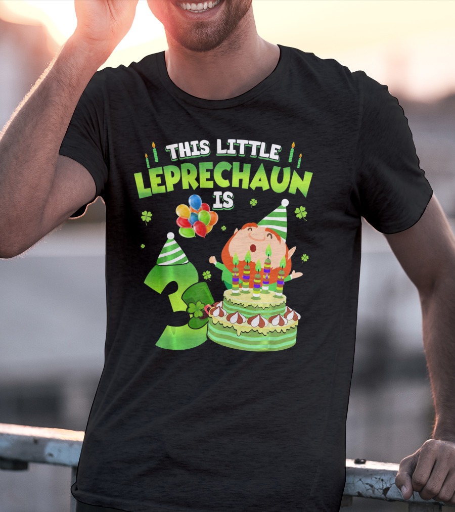 This Little Leprechaun Is 3 Birthday Celebration With Cake And Balloons T-Shirt