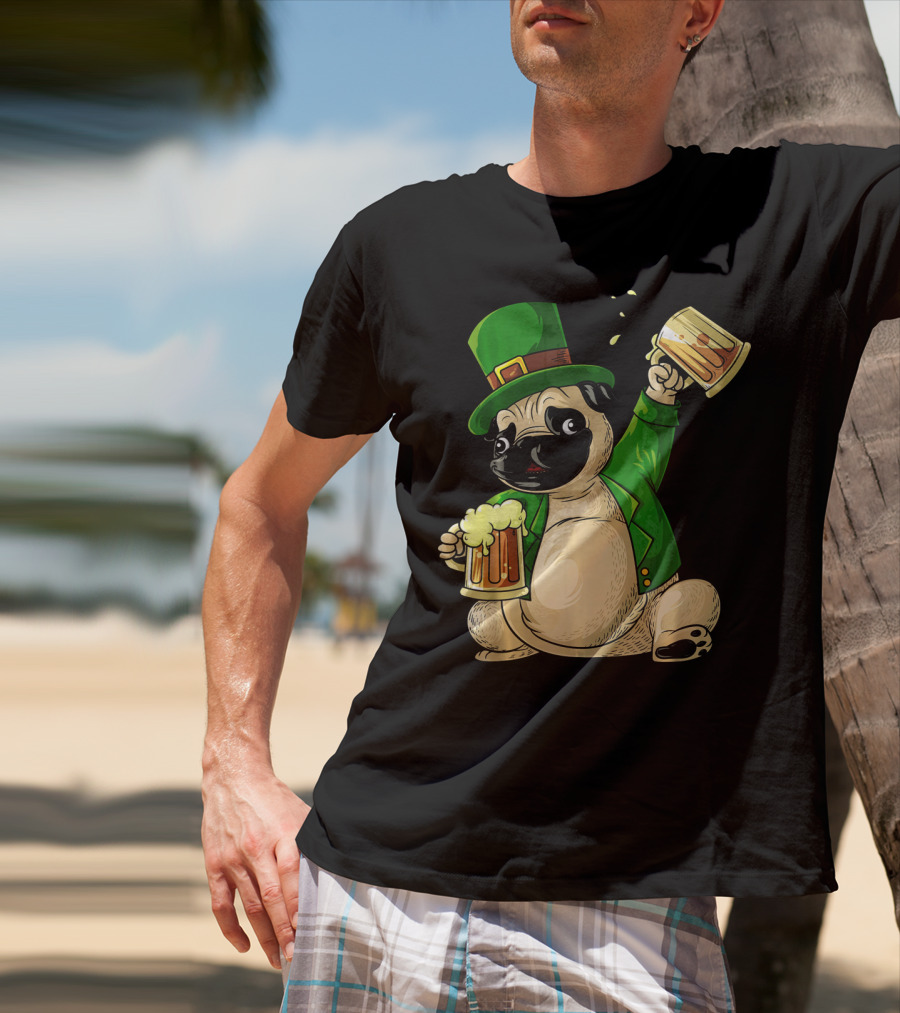 Irish Leprechaun Pug With Beer Mugs T-Shirt