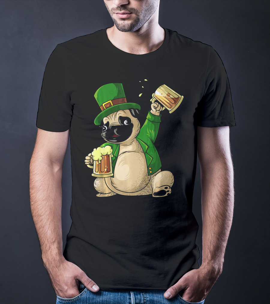 Irish Leprechaun Pug With Beer Mugs T-Shirt