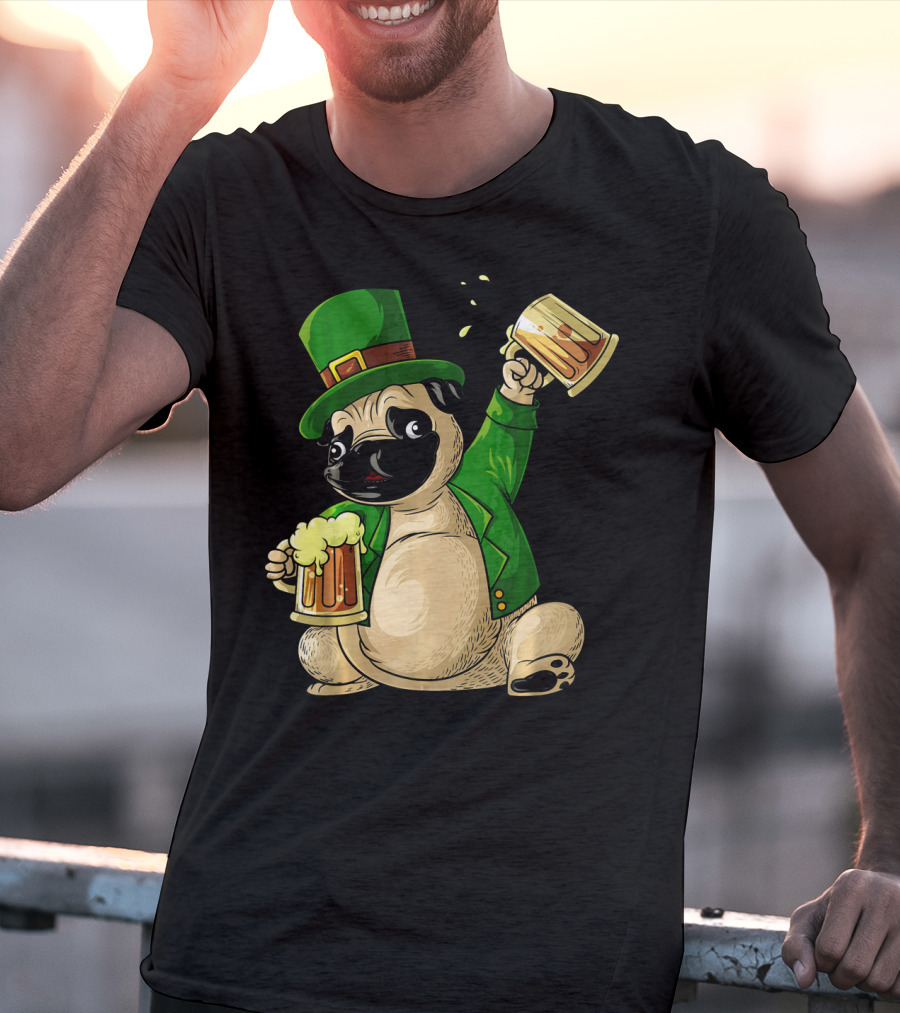 Irish Leprechaun Pug With Beer Mugs T-Shirt