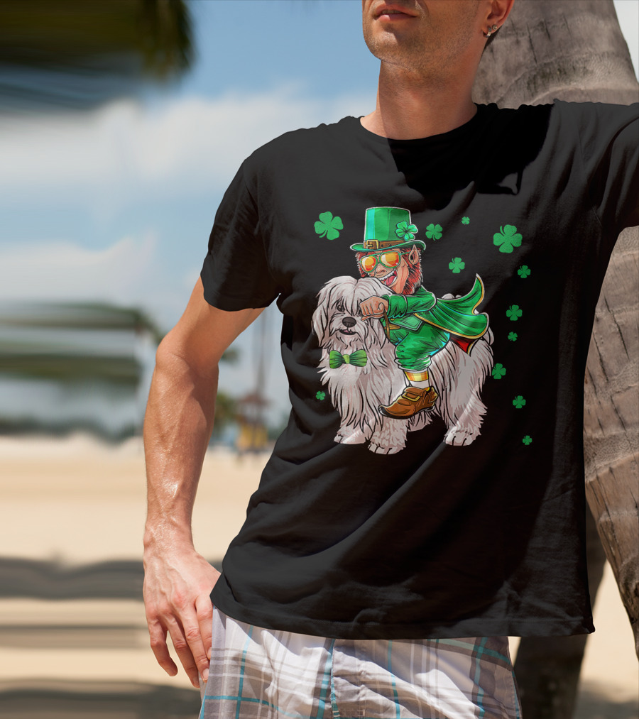 Leprechaun Riding Coton De Tulear With Shamrocks T-Shirt