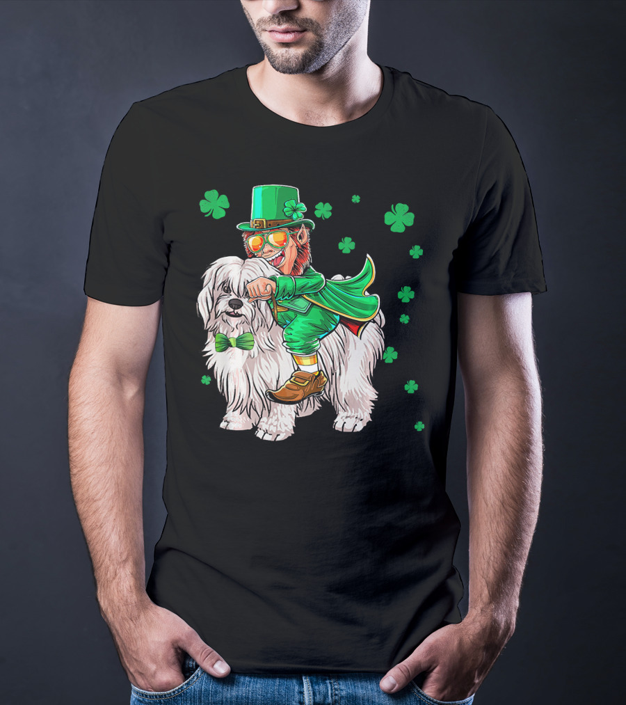 Leprechaun Riding Coton De Tulear With Shamrocks T-Shirt