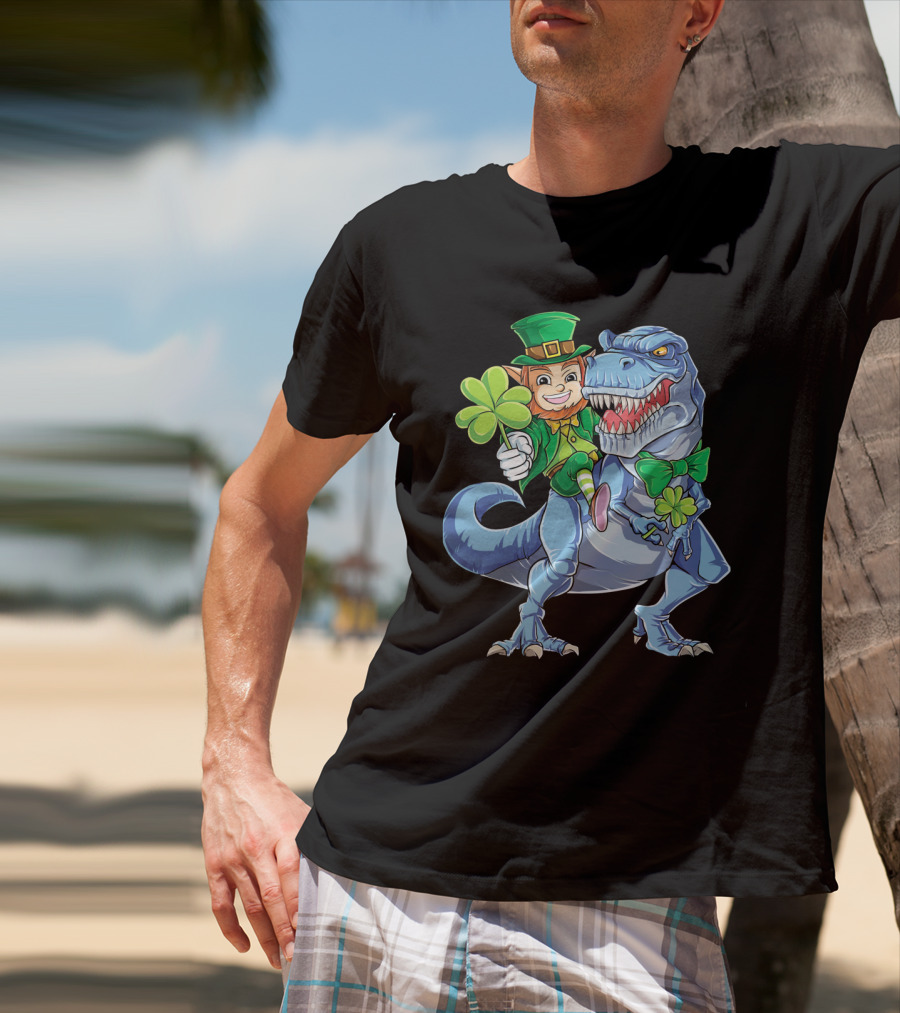St Patricks Day Leprechaun Riding Dinosaur With Shamrock T-Shirt