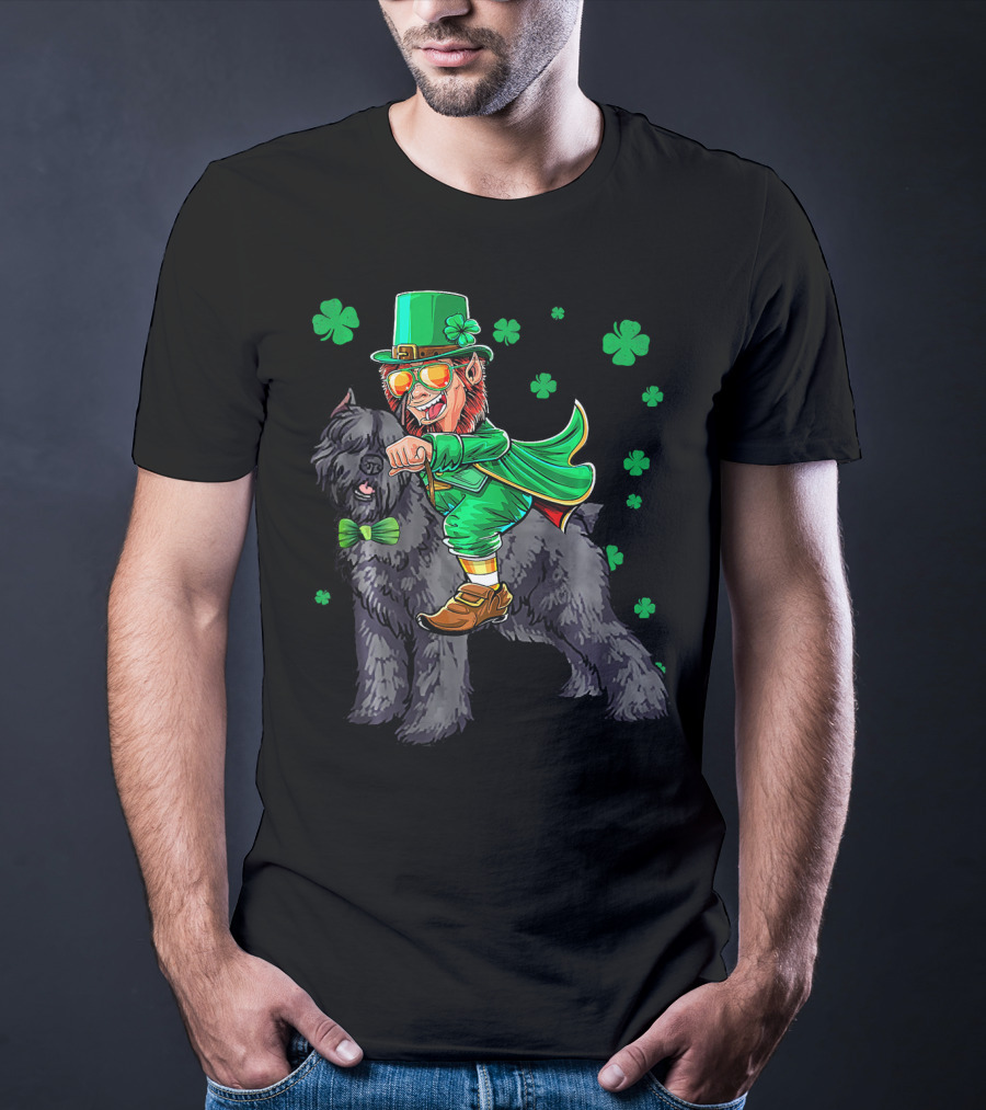 Leprechaun Riding Bouvier Des Flandres Surrounded By Shamrocks T-Shirt