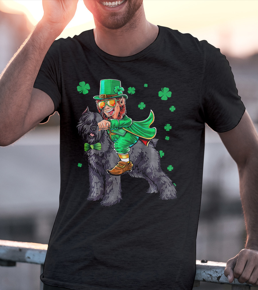 Leprechaun Riding Bouvier Des Flandres Surrounded By Shamrocks T-Shirt