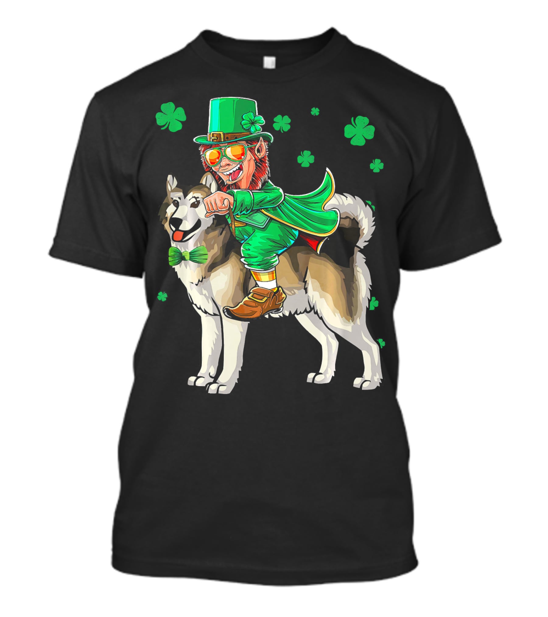 Leprechaun Riding Alaskan Malamute With Shamrocks T-Shirt