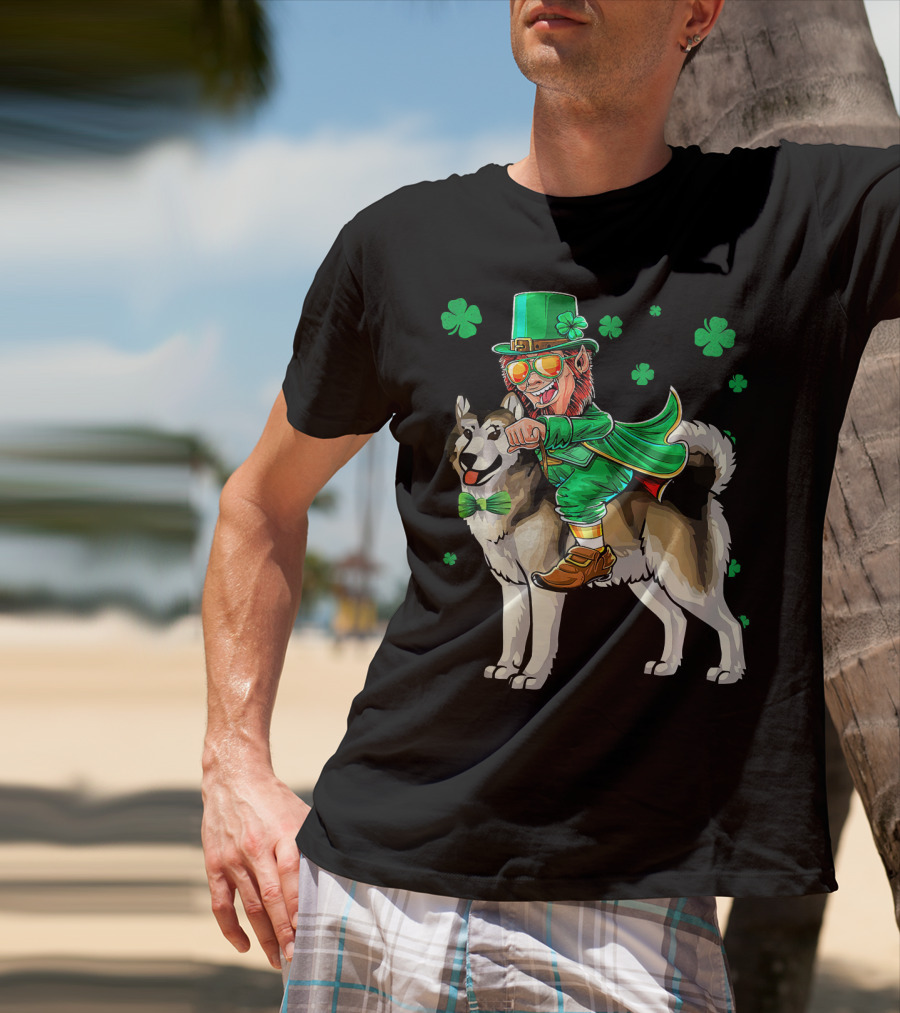 Leprechaun Riding Alaskan Malamute With Shamrocks T-Shirt