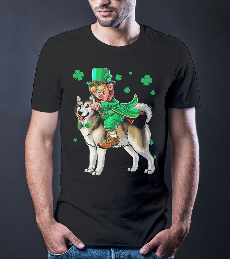 Leprechaun Riding Alaskan Malamute With Shamrocks T-Shirt