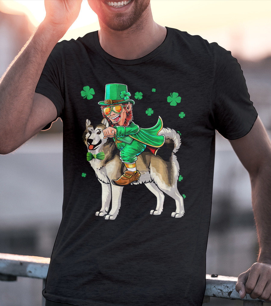 Leprechaun Riding Alaskan Malamute With Shamrocks T-Shirt